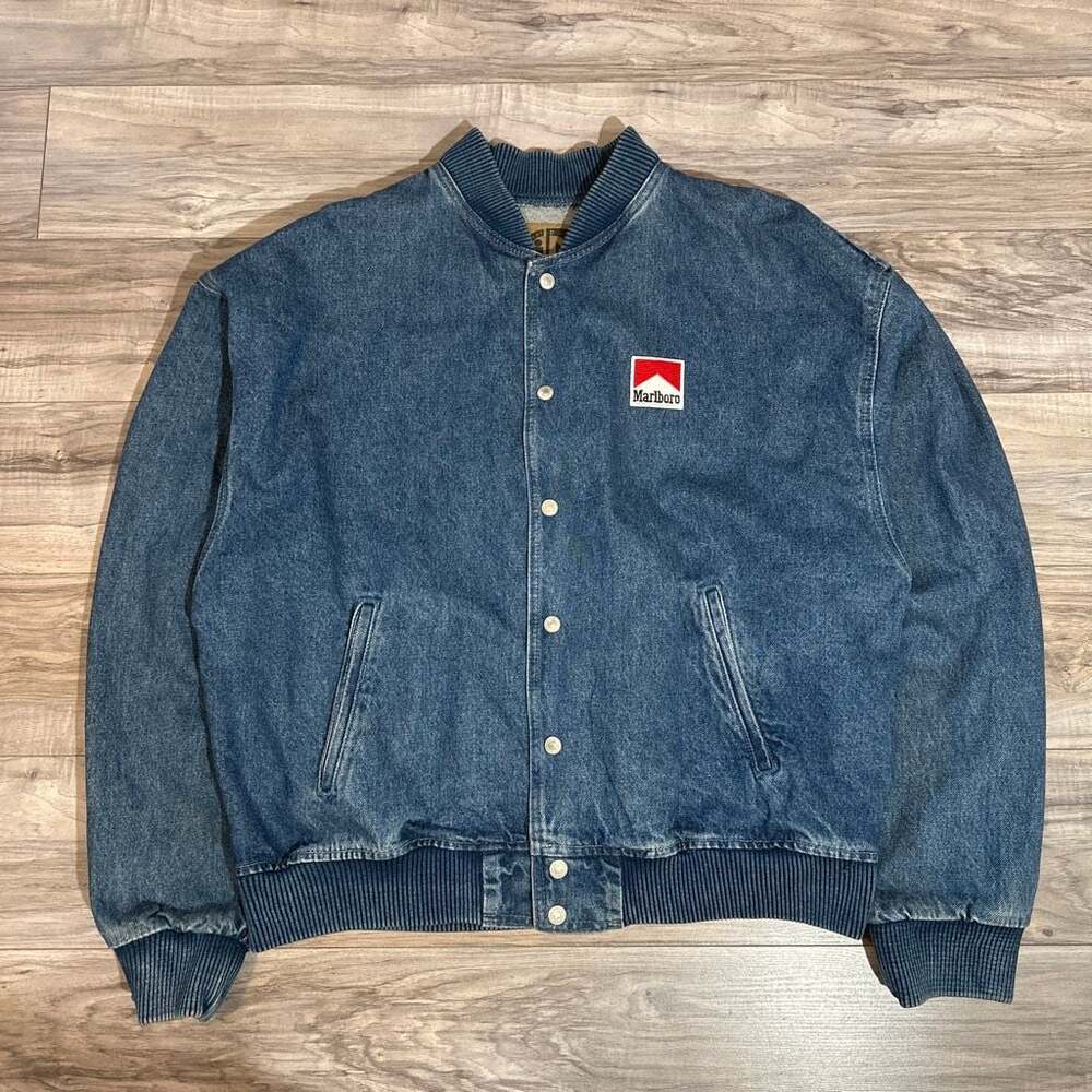 Vintage International Denim Marlboro Embroidered Blue Denim Bomber Jacket